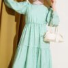 Striped Tiered Dress Green al por mayor dress view 2 - Hicabistan fábrica Turquía