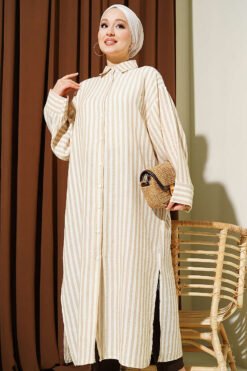 Alternative view of Striped Side Slit Long Shirt Beige