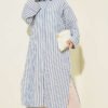 Striped Side Slit Long Shirt Navy Blue