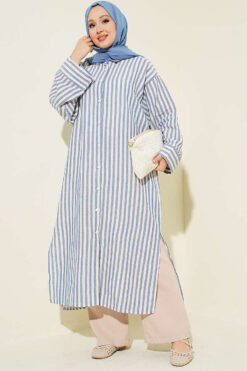 Striped Side Slit Long Shirt Navy Blue