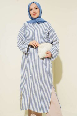 Alternative view of Striped Side Slit Long Shirt Navy Blue