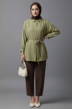Low Shoulder Tie Belted Modal Shirt wholesale shirt view 2 - Hicabistan Turkey factory