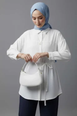 Low Shoulder Tie Belted Modal Shirt White