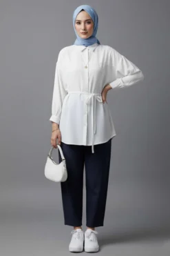 Alternative view of Low Shoulder Tie Belted Modal Shirt White