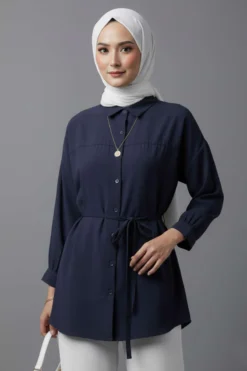 Low Shoulder Tie Belted Modal Shirt Navy Blue wholesale shirt - Hicabistan Turkey factory