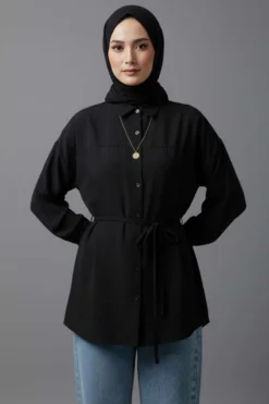 Low Shoulder Tie Belted Modal Shirt Black
