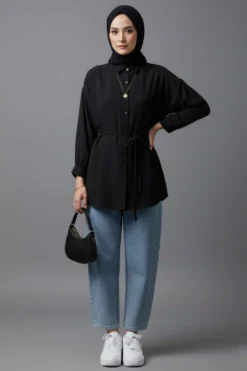 Alternative view of Low Shoulder Tie Belted Modal Shirt Black