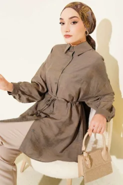 Low Shoulder Tie Belt Shirt Khaki