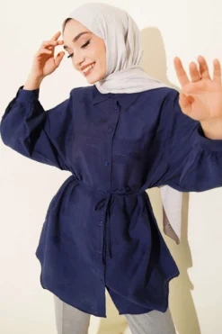 Low Shoulder Tie Belt Shirt Navy Blue