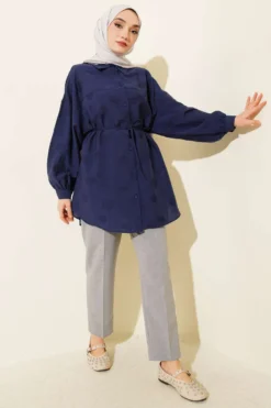Alternative view of Low Shoulder Tie Belt Shirt Navy Blue