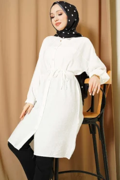 Low Shoulder Belted Long Shirt White