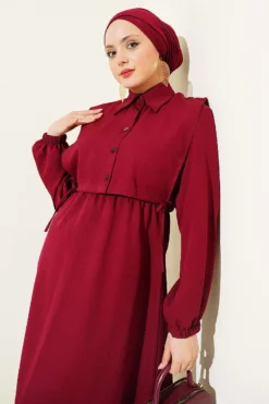 Alternative view of Button Bolero Waist Elastic Double Dress Burgundy
