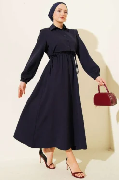 Button Bolero Waist Elastic Double Dress Navy Blue