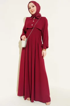 Button Detailed Jumper Dress Burgundy all'ingrosso dress - Hicabistan fabbrica Turchia
