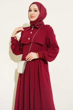 Button Detailed Jumper Dress Burgundy all'ingrosso dress view 2 - Hicabistan fabbrica Turchia
