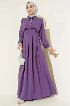 Button Detailed Jumper Dress Lilac all'ingrosso dress view 2 - Hicabistan fabbrica Turchia