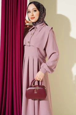 Button Detailed Jumper Dress Powder Pink all'ingrosso dress view 2 - Hicabistan fabbrica Turchia