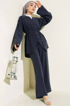 Button Detail Tencel Two-Piece Set Navy Blue