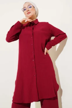 Alternative view of Buttoned Tree Bark Two-Piece Set Burgundy