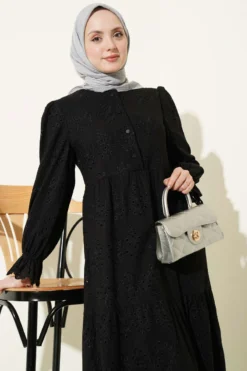 Buttoned Broderie Anklet Dress Black all'ingrosso dress view 2 - Hicabistan fabbrica Turchia