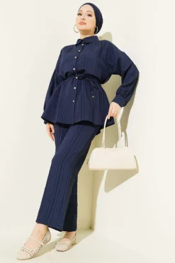 Buttoned Cord Tied Two-Piece Set Navy Blue