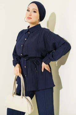Alternative view of Buttoned Cord Tied Two-Piece Set Navy Blue