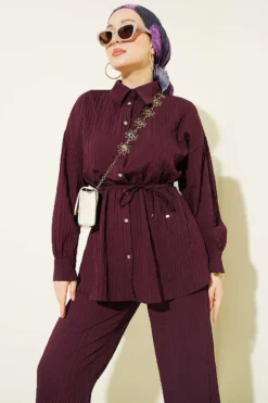 Alternative view of Buttoned Cord Tied Two-Piece Set Plum