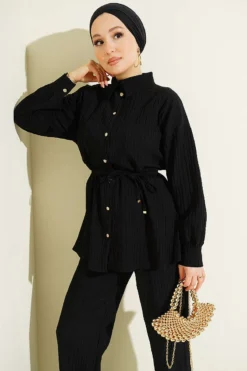 Alternative view of Buttoned Cord Tied Two-Piece Set Black