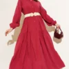 Buttoned Tiered Tencel Dress Burgundy groothandel dress - Hicabistan Turkije fabriek