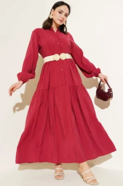 Buttoned Tiered Tencel Dress Burgundy en gros dress - Hicabistan usine Turquie