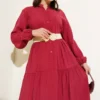 Buttoned Tiered Tencel Dress Burgundy wholesale dress view 2 - Hicabistan Turkey factory