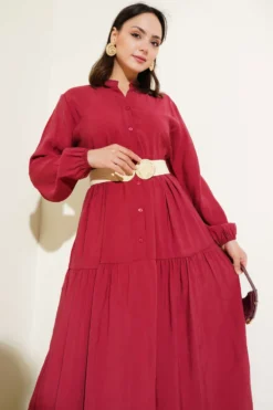 Buttoned Tiered Tencel Dress Burgundy en gros dress view 2 - Hicabistan usine Turquie