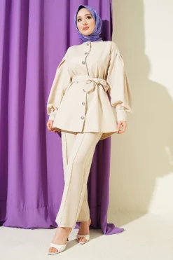 Buttoned Sleeve Pleated Two-Piece Set Beige wholesale clothing set view 2 - Hicabistan Turkey factory