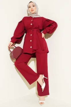 Buttoned Sleeve Pleated Two-Piece Set Burgundy