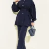 Buttoned Sleeve Pleated Two-Piece Set Navy Blue بالجملة clothing set view 2 - Hicabistan مصنع تركيا