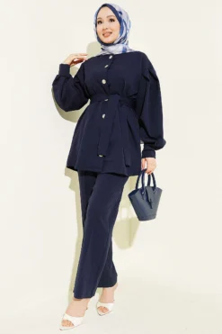 Alternative view of Buttoned Sleeve Pleated Two-Piece Set Navy Blue