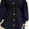 Buttoned Sleeve Pleated Two-Piece Set Navy Blue بالجملة clothing set view 4 - Hicabistan مصنع تركيا
