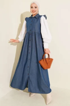 Buttoned Denim Dress Dark Blue
