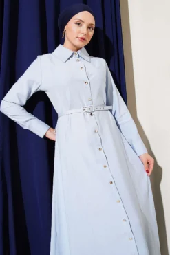 Buttoned Tencel Thin Belted Dress Baby Blue wholesale dress view 2 - Hicabistan Turkey factory