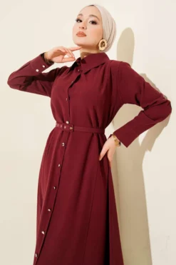 Buttoned Tencel Thin Belted Dress Burgundy wholesale dress view 2 - Hicabistan Turkey factory