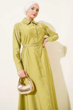 Buttoned Tencel Thin Belted Dress wholesale dress view 2 - Hicabistan Turkey factory
