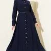 Buttoned Tencel Thin Belted Dress Navy Blue wholesale dress - Hicabistan Turkey factory