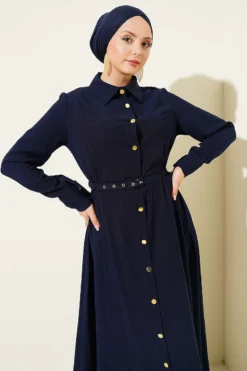 Buttoned Tencel Thin Belted Dress Navy Blue wholesale dress view 2 - Hicabistan Turkey factory