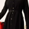 Buttoned Tencel Thin Belted Dress Black wholesale dress view 4 - Hicabistan Turkey factory