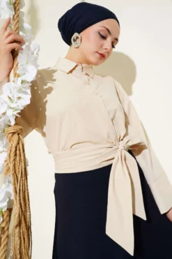 Buttoned Side Tied Short Shirt Beige