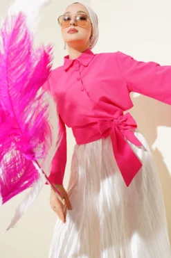 Buttoned Side Tied Short Shirt Fuchsia