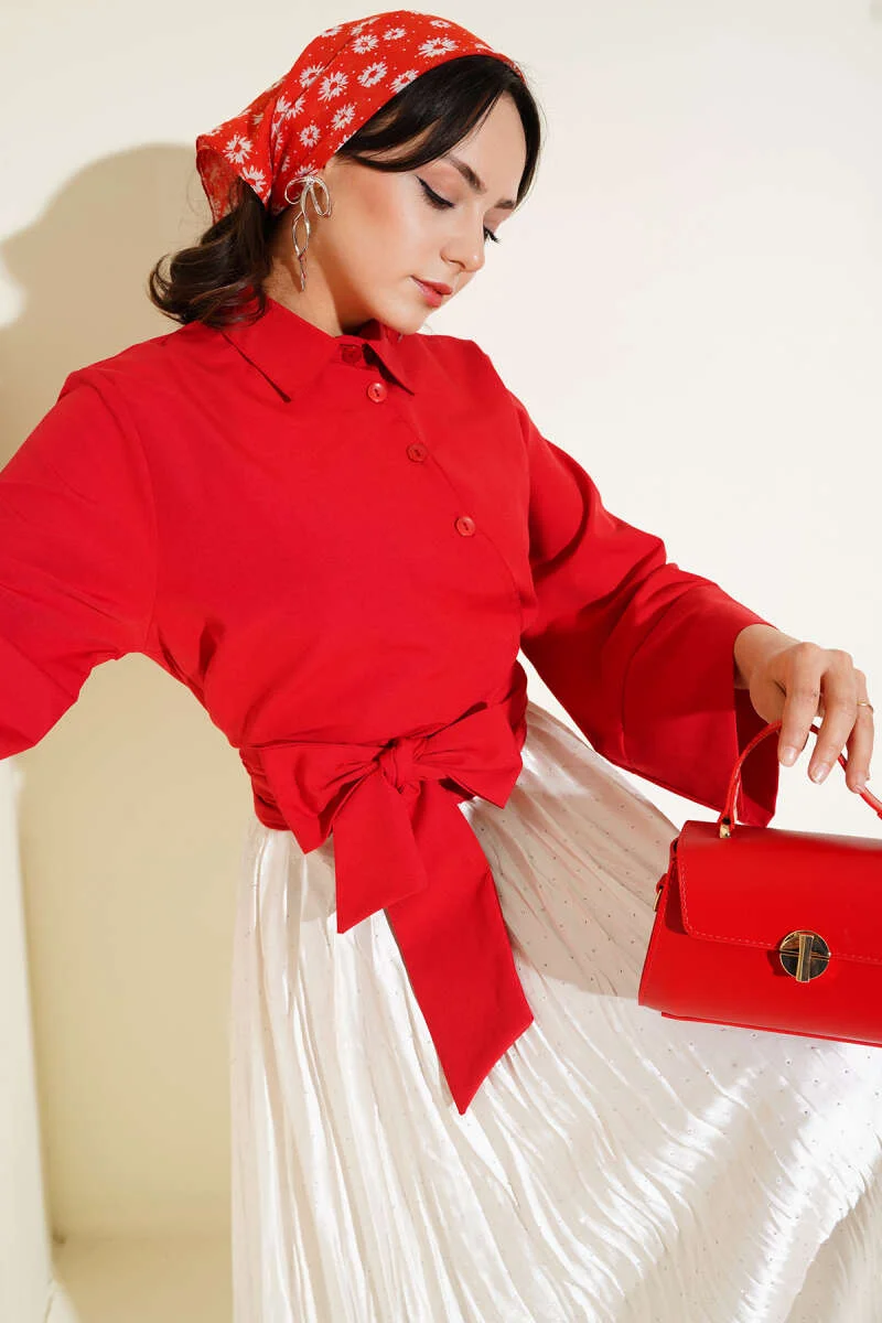 Buttoned Side Tied Short Shirt Red al por mayor shirt - Hicabistan fábrica Turquía