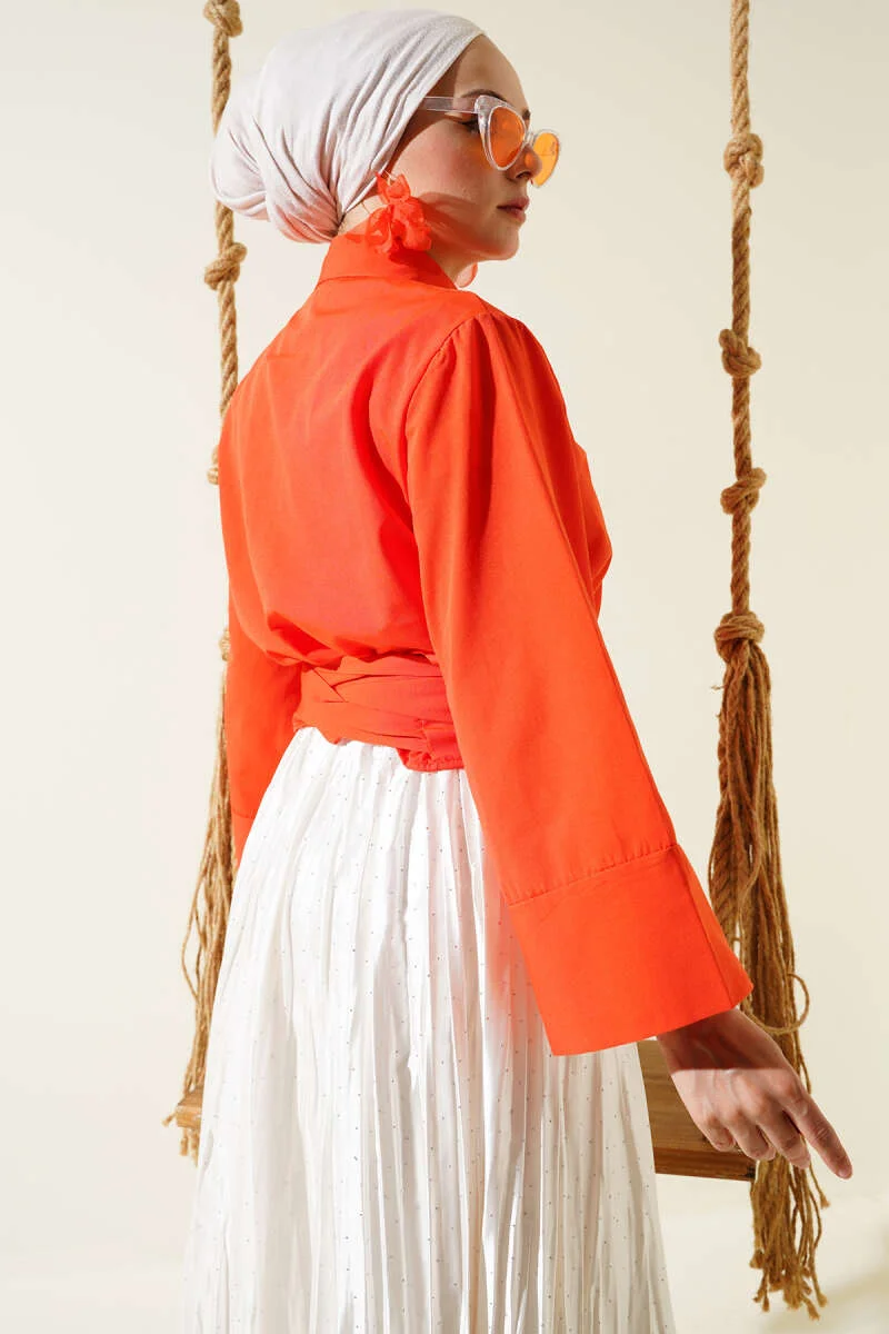 Buttoned Side Tied Short Shirt Orange al por mayor shirt view 3 - Hicabistan fábrica Turquía