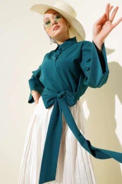 Buttoned Side Tied Short Shirt Petrol