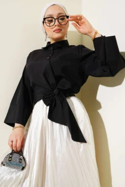 Buttoned Side Tied Short Shirt Black